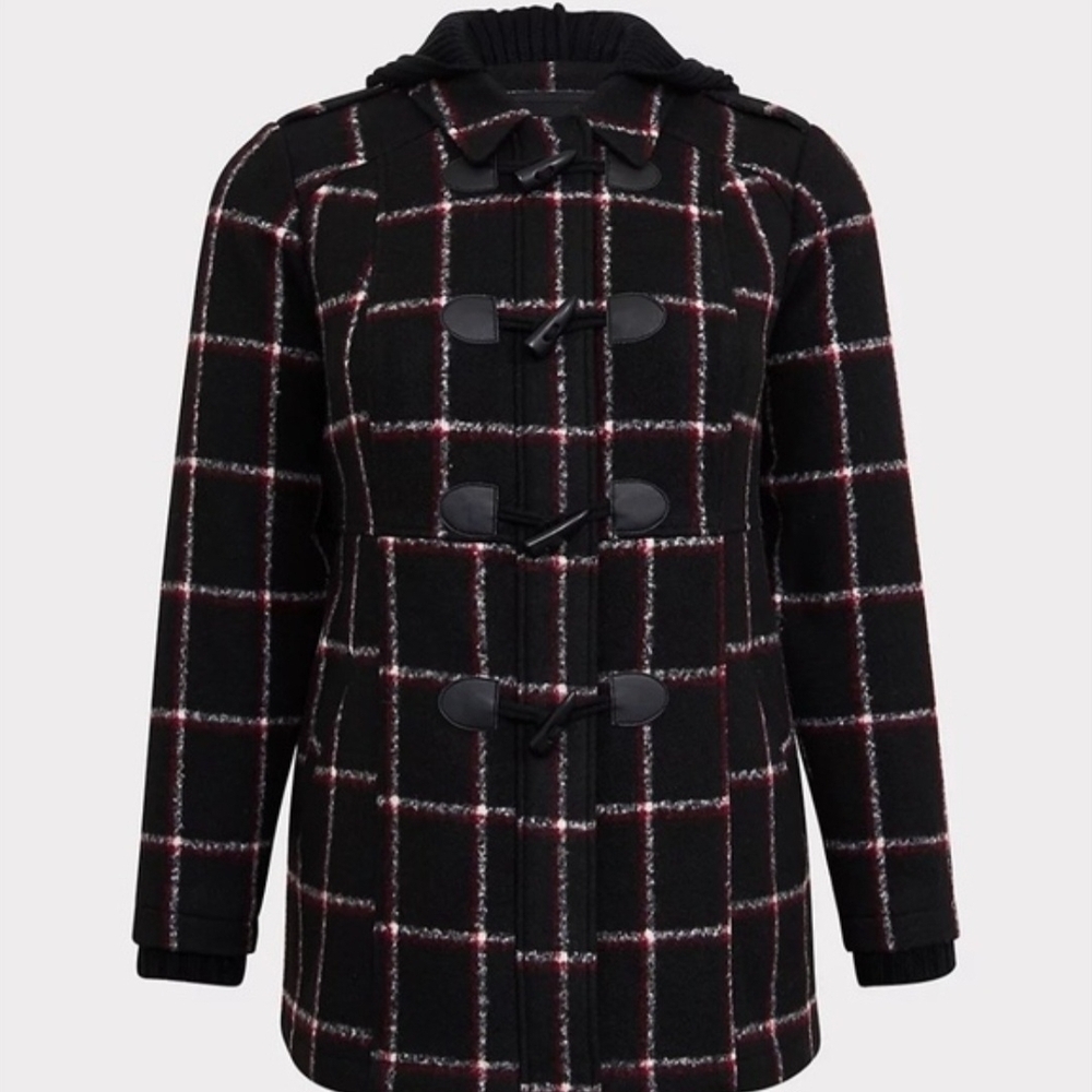 Torrid Womens Plaid Toggle Coat with Hood Size 1X Winter Red Black White Peacoat